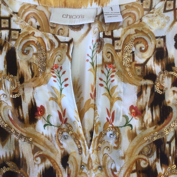 CHICOS SCROLL PATTERNED GOLD EMBELLISHED SILKY TUNIC SMALL - Picture 11 of 16